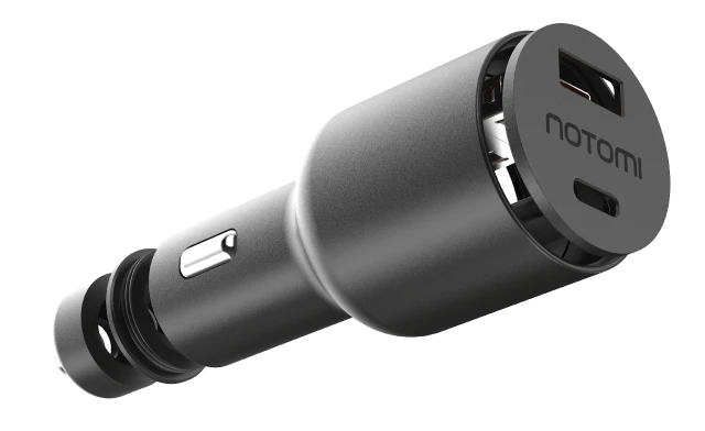 Rozłożona ładowarka samochodowa Notomi 65 W z portami USB-C i USB-A oraz widocznymi elementami obudowy.